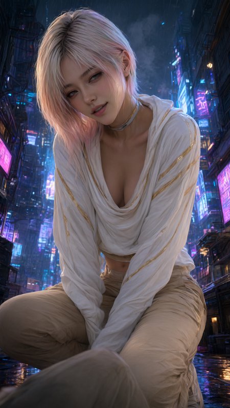 Young woman with gradient pastel pink-blonde hair crouched on rain-slick cyberpunk city street at night