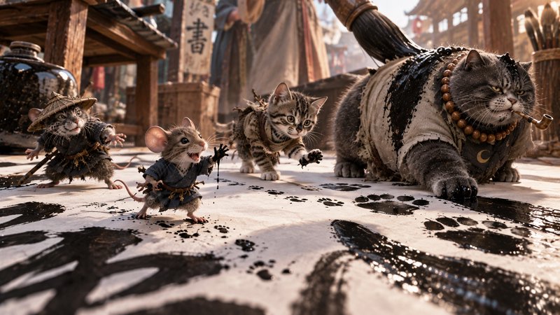 Whimsical anthropomorphic mice and cats in traditional East Asian clothing leave ink paw prints on a giant calligraphy