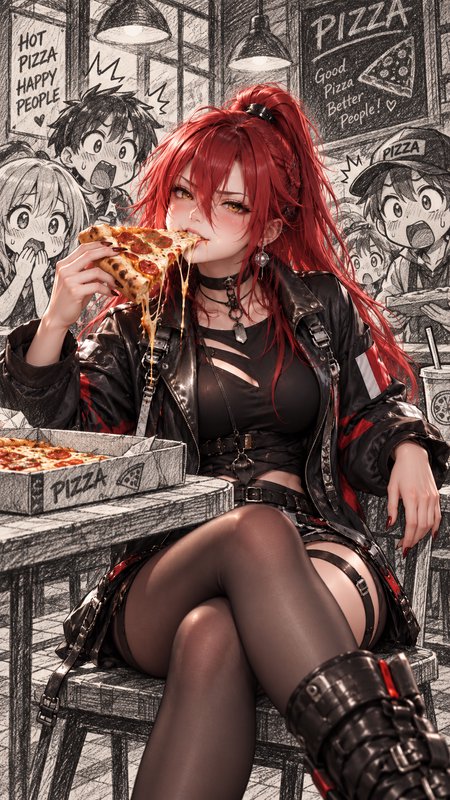 Red-haired anime girl eats stretchy pepperoni pizza inside a sketch-style pizzeria with shocked onlooking patrons