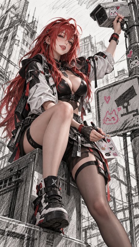 Anime cyberpunk girl with long red hair adds cute cat stickers to urban street infrastructure in a sketched city setting