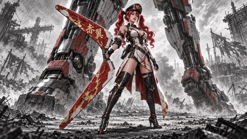 Anime red-haired female mecha captain holds a giant red greatsword, standing before a towering me...