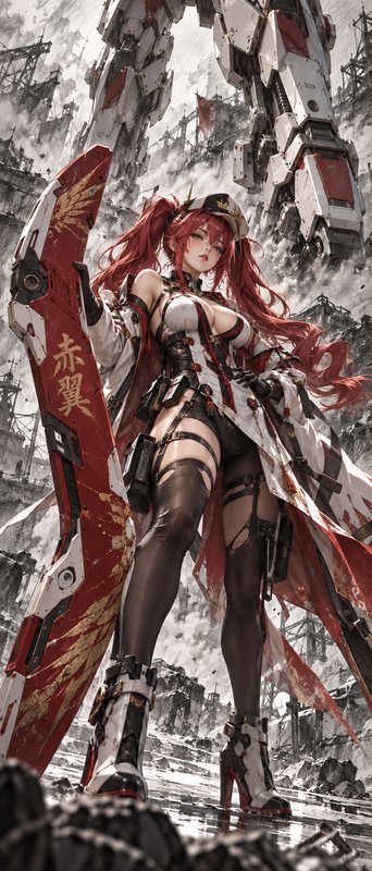 Anime red-haired mecha pilot holds a giant ornate blade, with a towering giant robot standing beh...