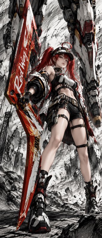Red twin-tailed anime mecha pilot holds a giant "Red Wing" greatsword, with a towering battle mec...