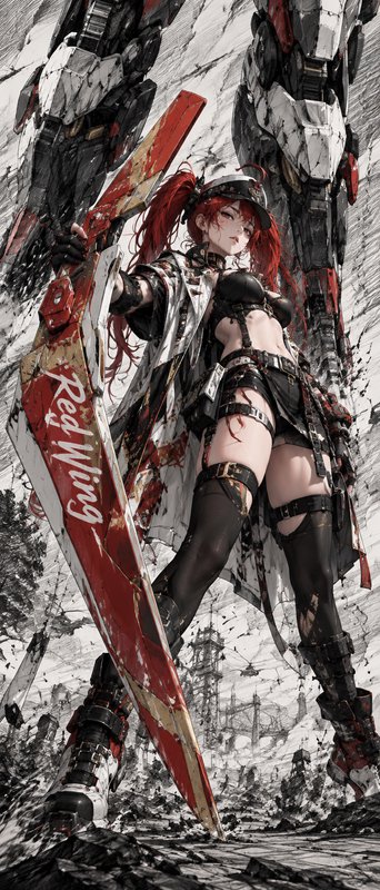 Fierce red-haired anime mecha pilot holds a giant "Red Wing" blade, with a towering battle mech b...