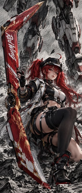 Anime red-haired female mech pilot kneels holding a giant futuristic sword, with a large battle-w...