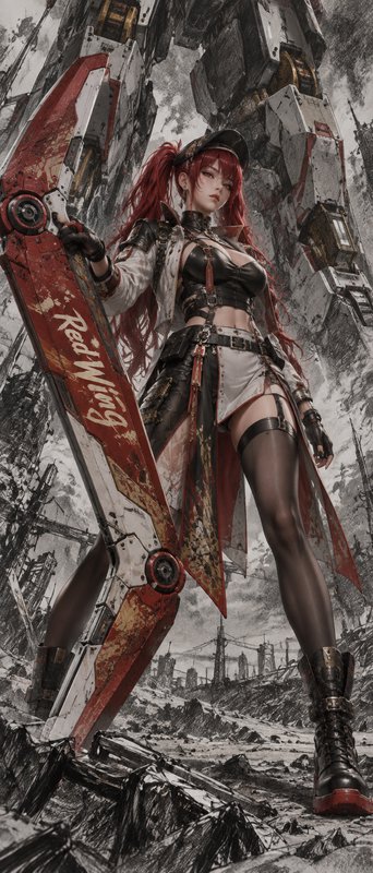 Red-haired anime mech pilot holding a giant weathered greatsword, standing before a massive battl...