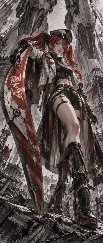 Low angle shot of anime red-haired military warrior holding a giant sword, standing before a larg...
