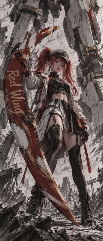 Anime red-haired female combatant holds 'Red Wing' scythe, standing before giant mech in a ruined...