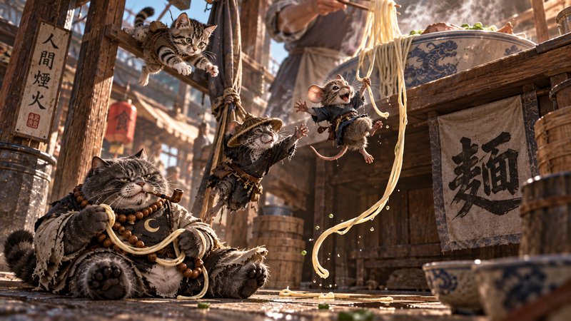 Playful anthropomorphic cats and a tiny mouse stealing noodles from a sunlit traditional East Asi...