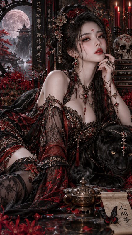 Regal gothic fantasy East Asian woman reclining beside a jeweled black panther, ornate red and bl...