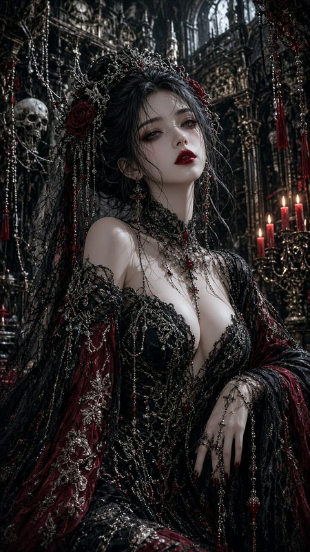 Regal gothic queen in ornate black and red lace gown and jeweled crown, seated in a candlelit bar...
