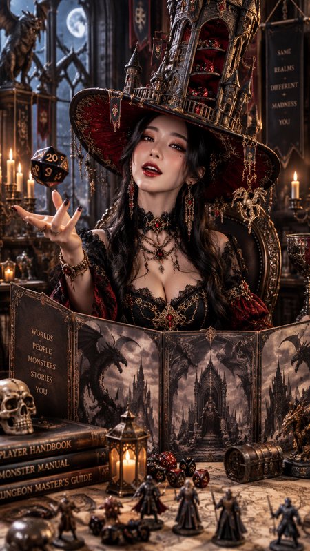 Gothic fantasy Dungeon Master tossing a D20 dice over a detailed tabletop RPG game table in a moo...