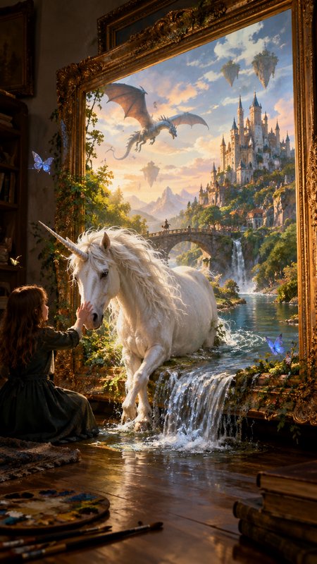 Young girl gently petting a white unicorn stepping out of an ornate fantasy painting into an arti...