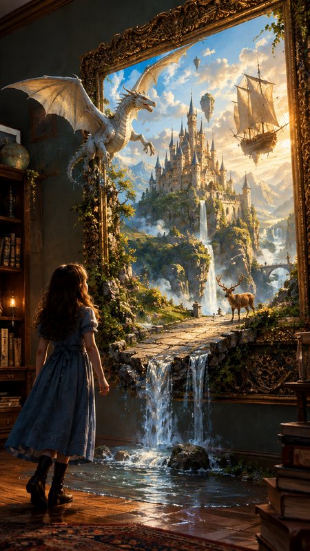 Young girl in a vintage study gazes at a magical living portal painting spilling a fantasy realm ...
