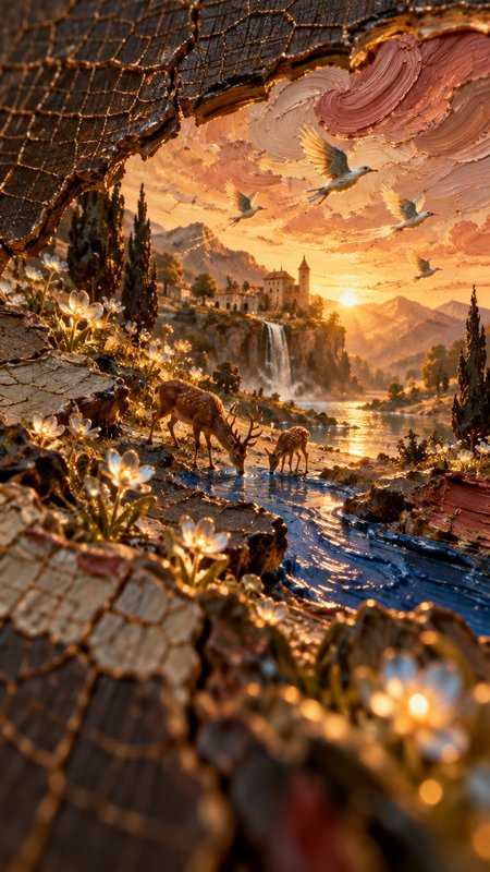Surreal impasto painting of a fantasy valley with deer, cliffside castle, and golden sunset emerg...