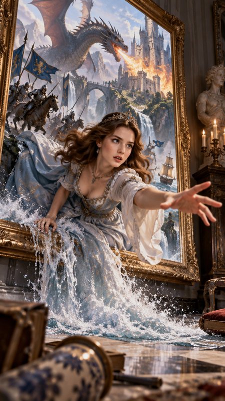 Fairytale princess climbs out of an ornate gold framed fantasy painting as water spills from the ...