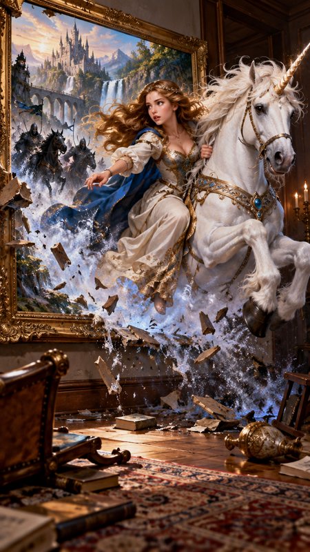 Fairytale princess on a jeweled white unicorn bursts through an ornate gilded frame painting into...