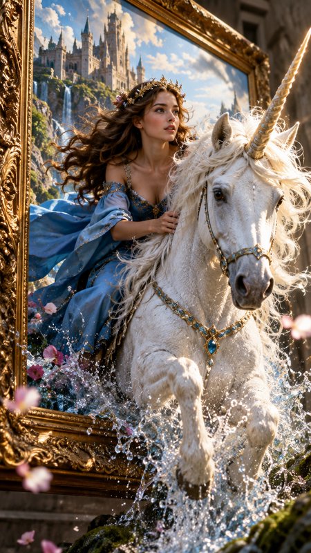 Fairytale princess on a jeweled white unicorn emerging from an ornate gilded castle frame through...