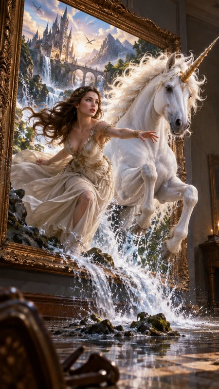Surreal scene of a fairytale princess and white unicorn leaping out of an ornate framed fantasy p...