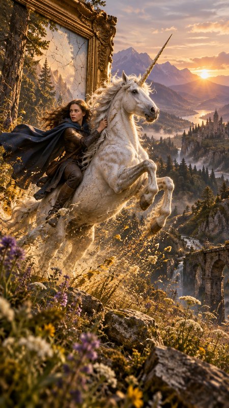 Female fantasy adventurer rides a rearing white unicorn emerging from a gilded frame overlooking ...