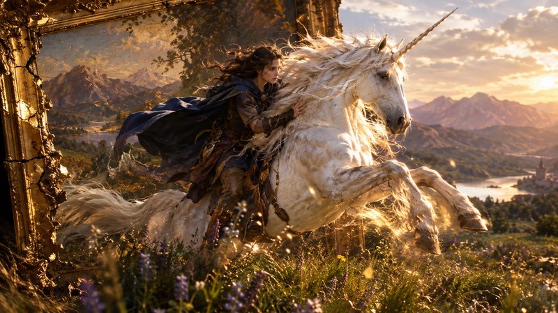 Heroic female fantasy warrior riding a rearing white unicorn bursting from an ornate gilded paint...