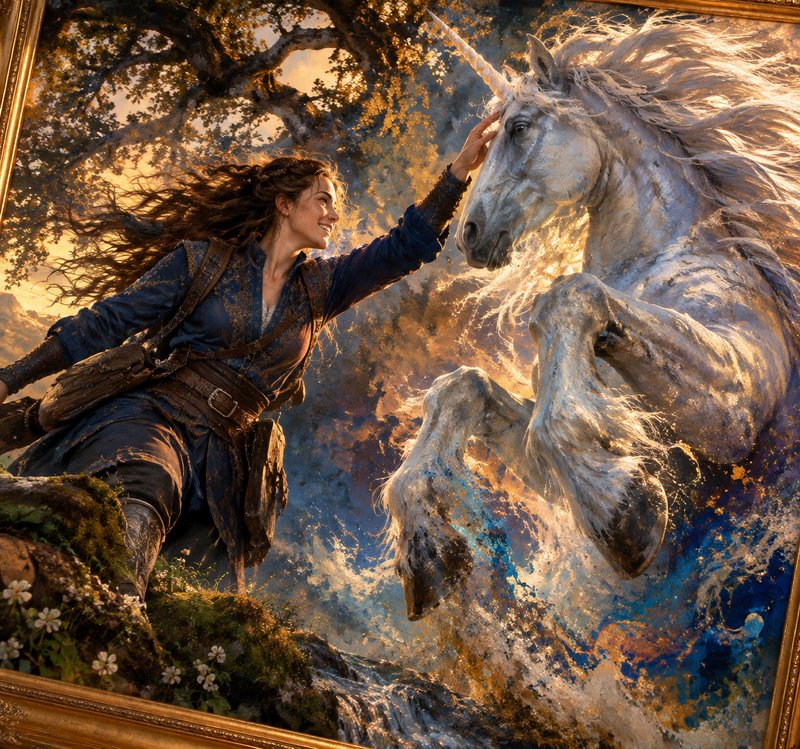 Framed fantasy painting of a female adventurer gently touching a rearing white unicorn in a golde...