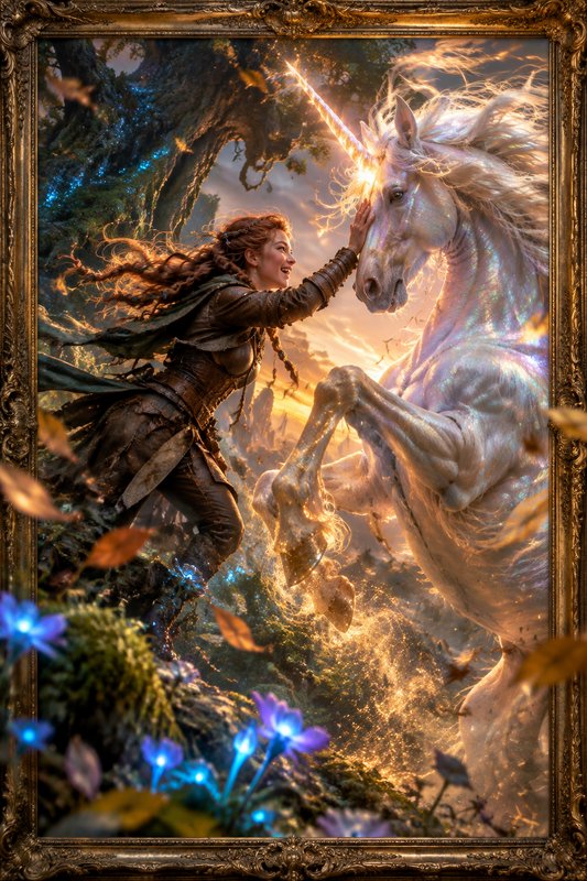 Ornate framed fantasy art of a smiling elven woman touching a glowing rearing unicorn in an encha...