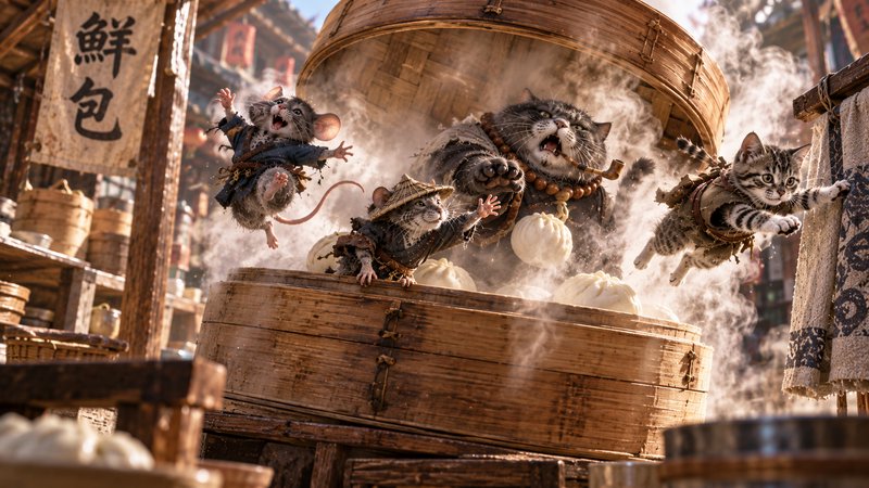 Anthropomorphic cats and mice burst from a steaming giant bamboo bao steamer at a sunlit traditio...