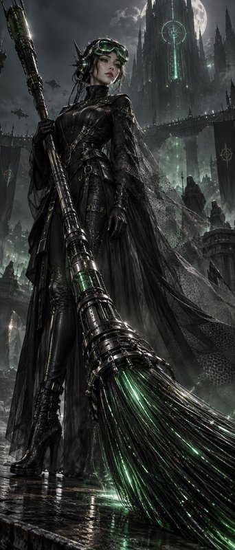 Steampunk dark fantasy witch in black leather holds a glowing mechanical broom before a gothic mo...
