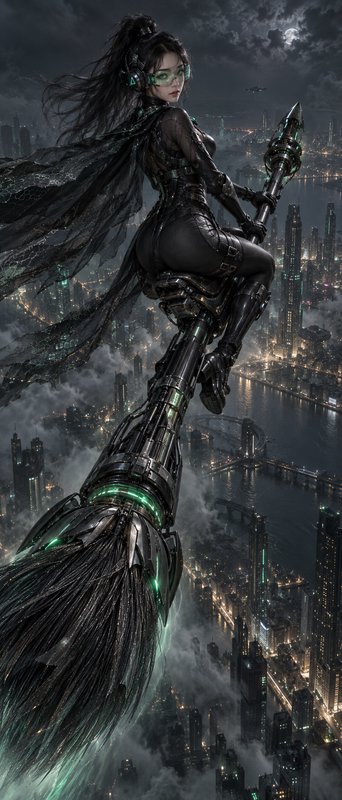 Cyberpunk witch in glowing tech goggles rides a mechanical broom soaring above a foggy night mega...