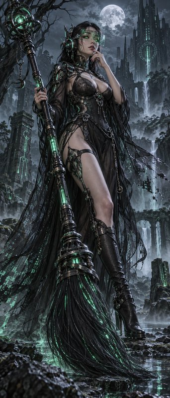 Dark fantasy cyber-sorceress holding glowing green staff beneath full moon overlooking gothic cas...