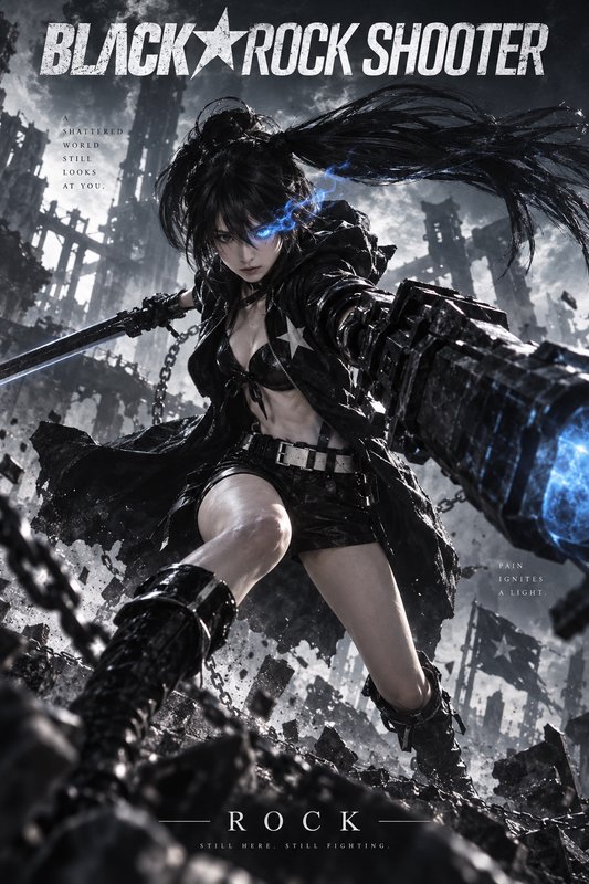 Black Rock Shooter poster of fierce female warrior with glowing blue eye wielding a cannon and sw...