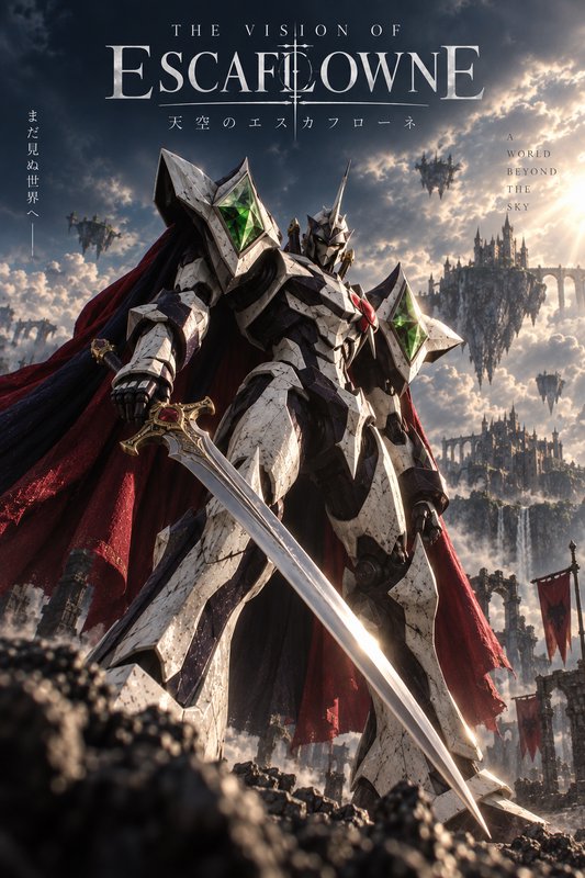 The Vision of Escaflowne poster featuring a white armored mech with red cape holding a sword befo...