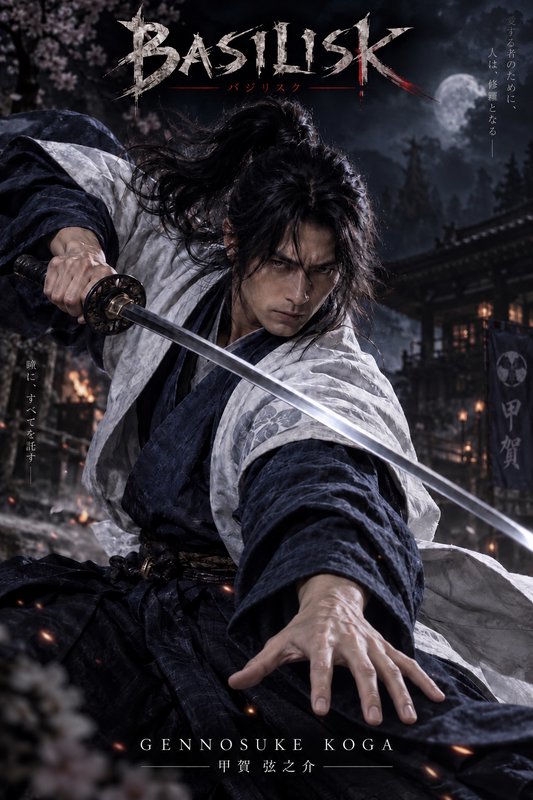 Basilisk franchise poster of Gennosuke Koga in battle pose holding a drawn katana against a moonl...