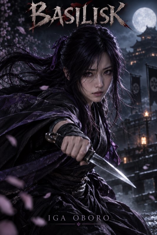 Basilisk franchise poster of Iga Oboro, kunoichi holding a dagger in combat stance under a full m...