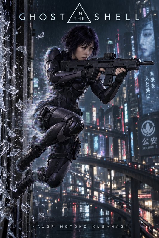 Ghost in the Shell poster of Major Motoko Kusanagi aiming a rifle while breaking glass over a neo...