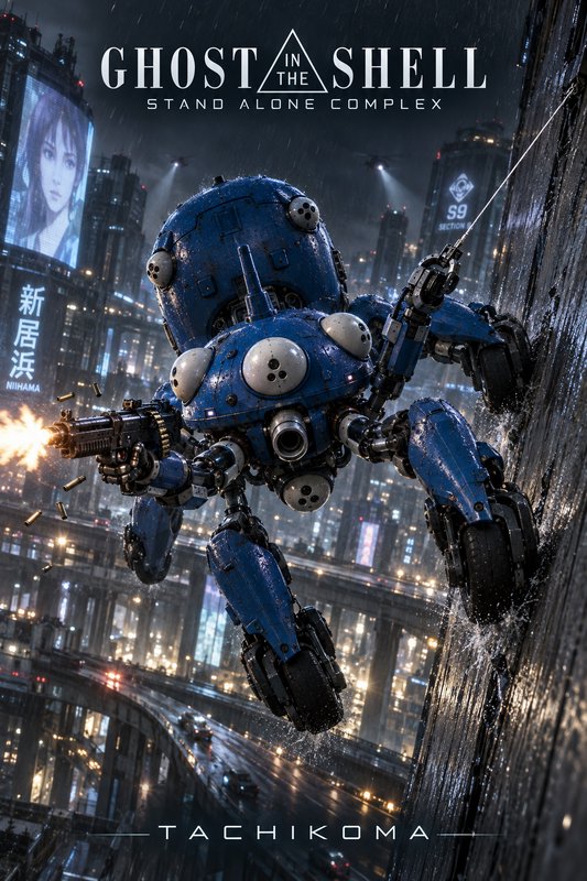 Ghost in the Shell Stand Alone Complex poster of blue Tachikoma robot firing while climbing rainy...
