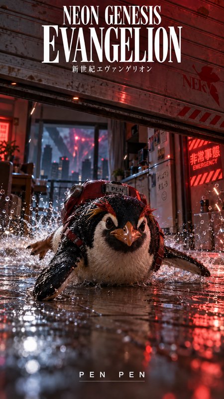 Hyperrealistic Pen Pen penguin from Neon Genesis Evangelion sliding through a flooded room under ...