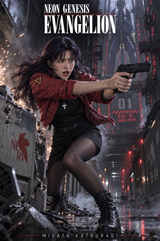 Live-action Neon Genesis Evangelion poster of Misato Katsuragi aiming a handgun in a battle-damag...