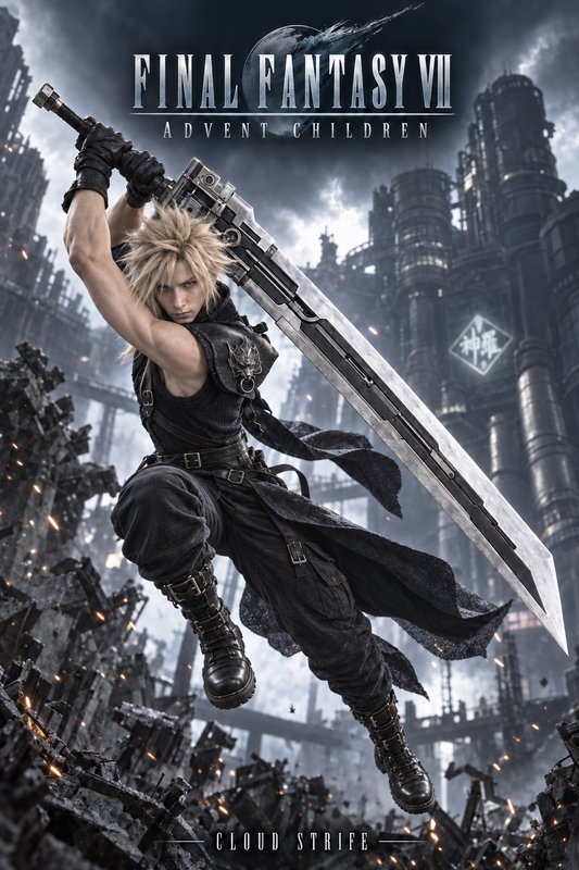 Final Fantasy VII Advent Children poster of Cloud Strife mid-leap, wielding his large Fusion Swor...