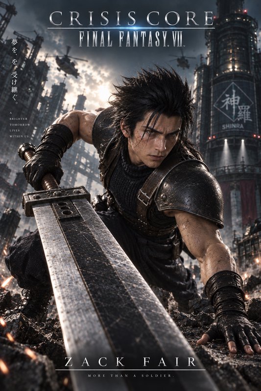 Crisis Core Final Fantasy VII poster of Zack Fair crouched holding the Buster Sword against a war...