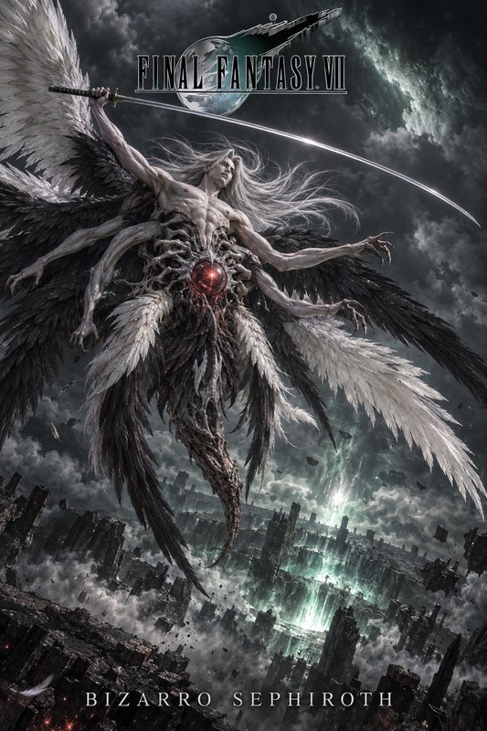 Final Fantasy VII Bizarro Sephiroth boss art hovering over destroyed Midgar, holding his Masamune...
