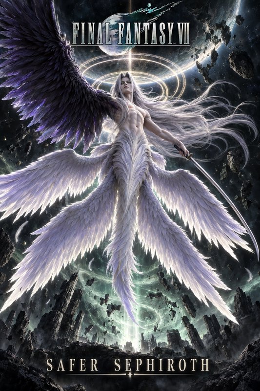 Vertical Final Fantasy VII art of multi-winged Safer Sephiroth holding his Masamune sword against...