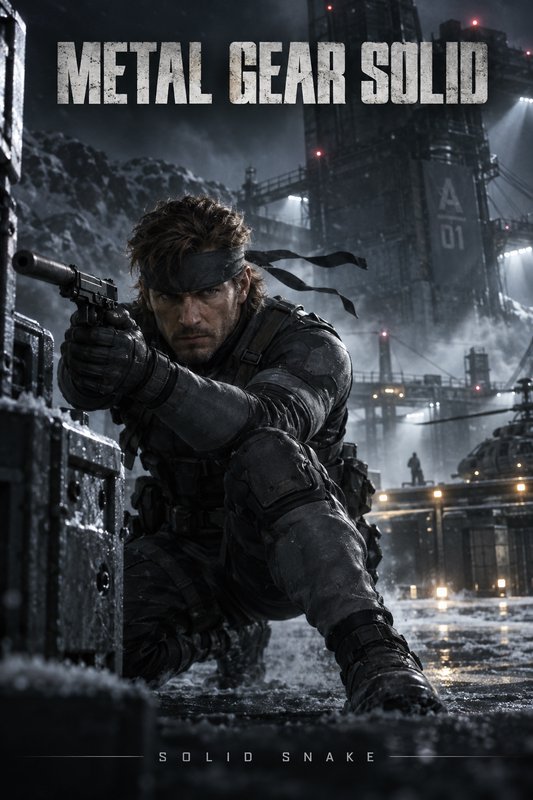 Cinematic Metal Gear Solid poster of Solid Snake crouched aiming a pistol on a snowy night milita...