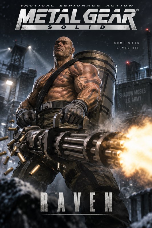 Cinematic Metal Gear Solid poster showing Vulcan Raven firing a minigun at snowy Shadow Moses mil...