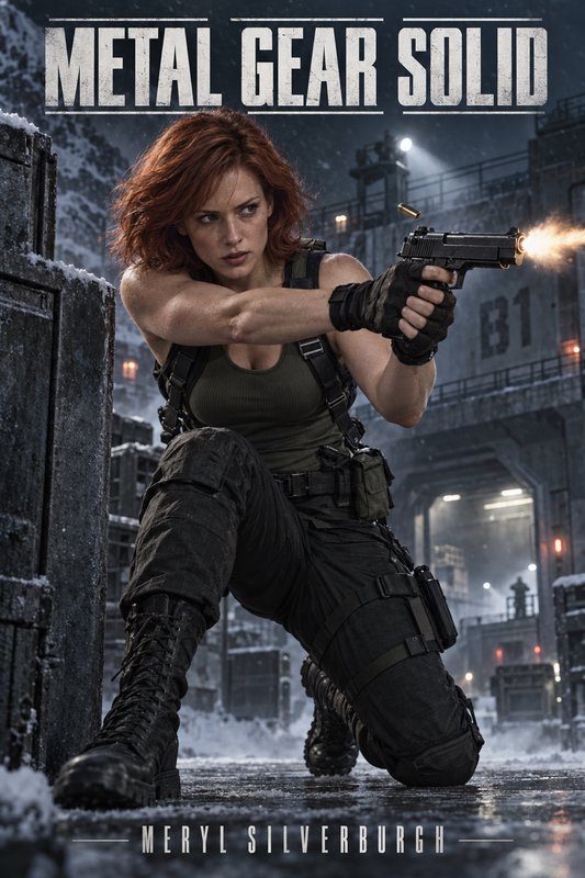 Cinematic Metal Gear Solid poster showing Meryl Silverburgh firing a handgun in a snow-covered mi...