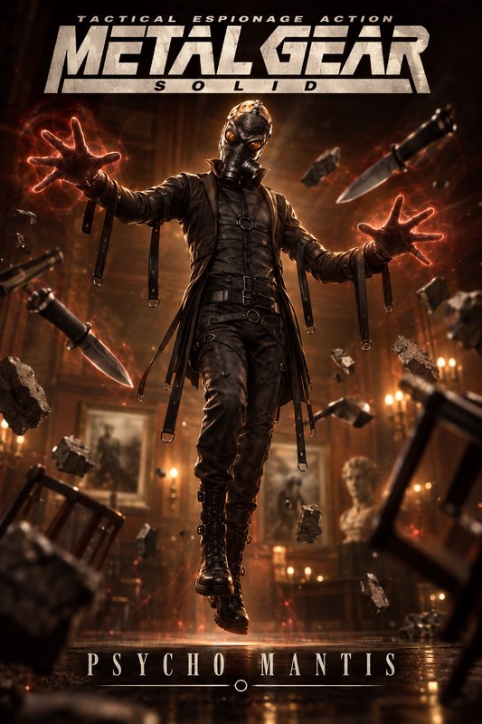 Metal Gear Solid fan poster showing Psycho Mantis floating, using telekinesis to levitate weapons...