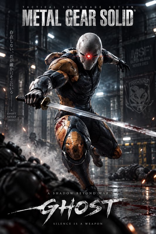 Metal Gear Solid fan poster showing Gray Fox cyborg ninja mid-combat holding a bloodied katana in...