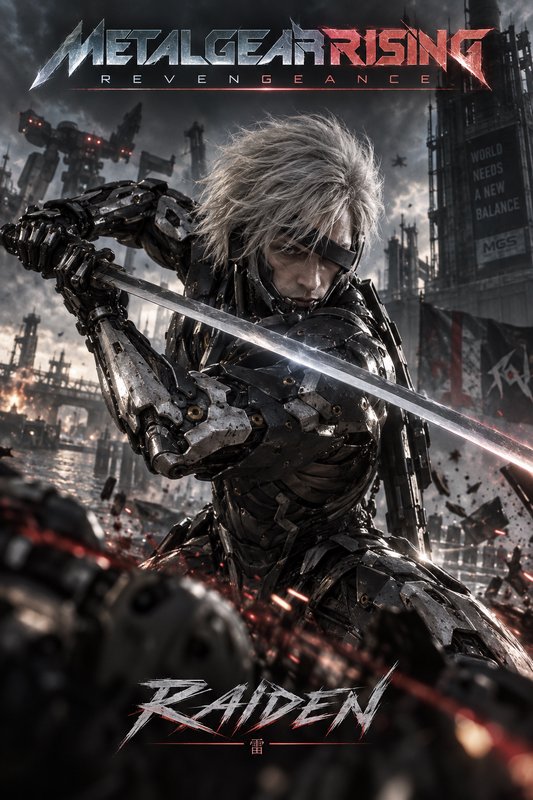 Metal Gear Rising Revengeance official poster of cyborg ninja Raiden wielding a katana over a war...