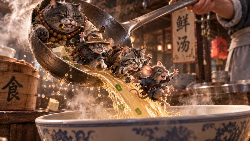 Whimsical fantasy scene of anthropomorphic cats and a mouse slipping from a giant soup ladle held...